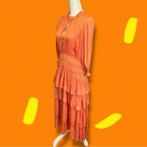 NWT Maje Orange ‘Radjinette’ Tiered Ruffle Satin Midi Dress French Size 42 = XL - Picture 6 of 16
